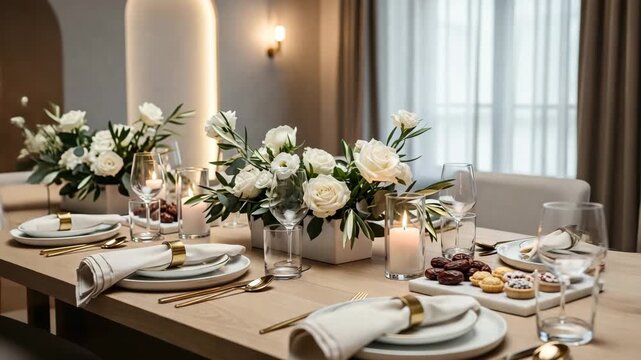 Elegant table setting with white roses and candles for a sophisticated dinner party