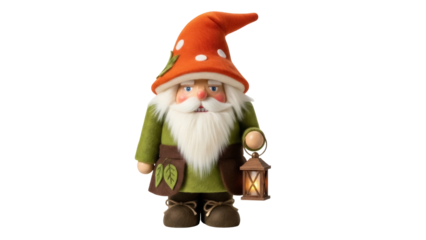 Isolated gnome doll with a pointed hat, holding a lantern ready to bring cheer and festive fun