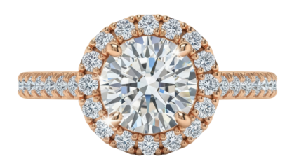Elegant rose gold diamond halo engagement ring isolated PNG, jewelry design for wedding proposal and anniversary gifts on transparent background