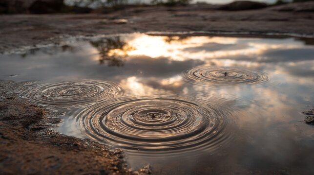 Concentric ripples expand across a shallow puddle reflecting the golden sunset sky with clouds