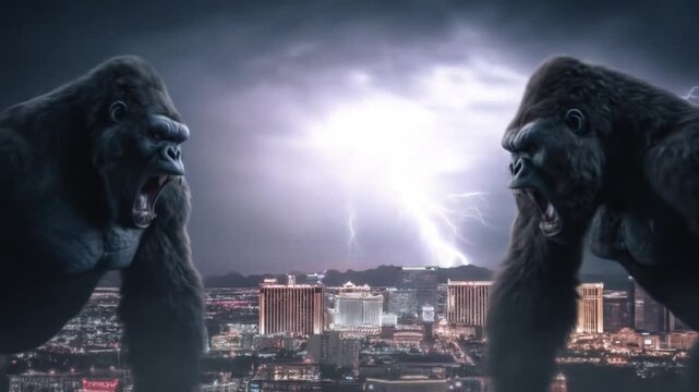 Two colossal gorillas confront amid a stormy cityscape, lightning crackling between rivals tonight!!