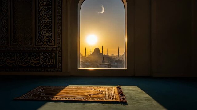 Serene mosque interior with prayer mat and cityscape at sunrise