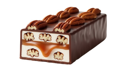 Delectable pecan log candy bar isolated PNG, sweet treat with caramel and chocolate coating on transparent background, confectionery dessert
