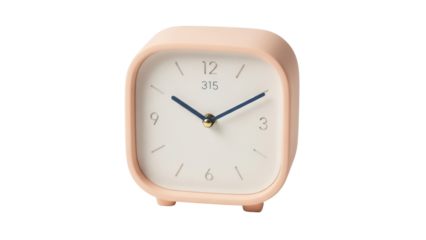 Peach-colored square alarm clock isolated PNG on transparent background, minimalist design for home decor and time management
