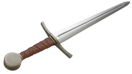 Medieval arming sword isolated PNG, single-handed weapon with leather grip and cruciform hilt for historical reenactment and fantasy art