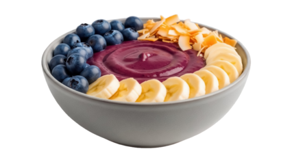 Acai bowl with blueberries, banana, and coconut flakes isolated PNG, healthy breakfast on transparent background for food and lifestyle content