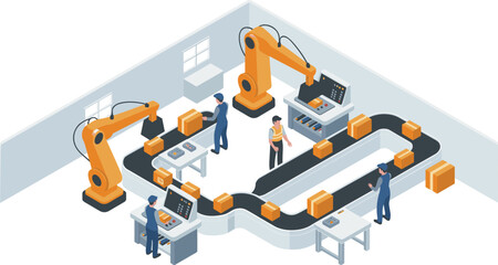 Isometric automated factory illustration with robotic arms, conveyor belt, workers monitoring production line in modern industrial manufacturing
