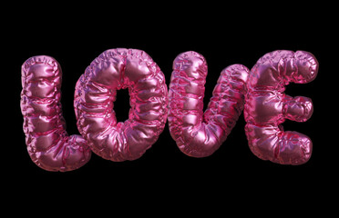 3D pink metallic balloon "LOVE" text isolated on black background