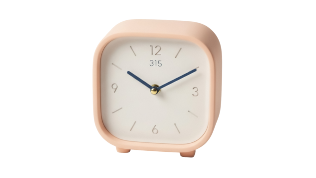 Peach-colored square alarm clock isolated PNG on transparent background, minimalist design for home decor and time management - Powered by Adobe