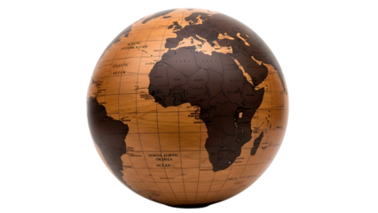 Detailed globe showing Africa and surrounding continents with brown and black color scheme isolated on a transparent background