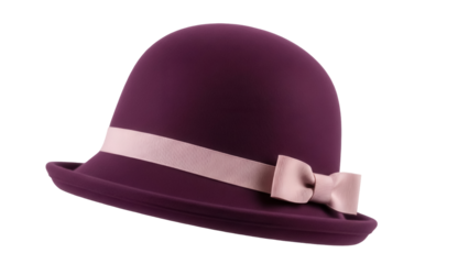 Elegant plum cloche hat with ribbon isolated on transparent PNG, vintage style headwear for women s fashion and special occasions