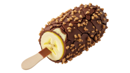 Delicious banana popsicle with chocolate and nuts isolated PNG, frozen dessert on a stick for summer treat and snack