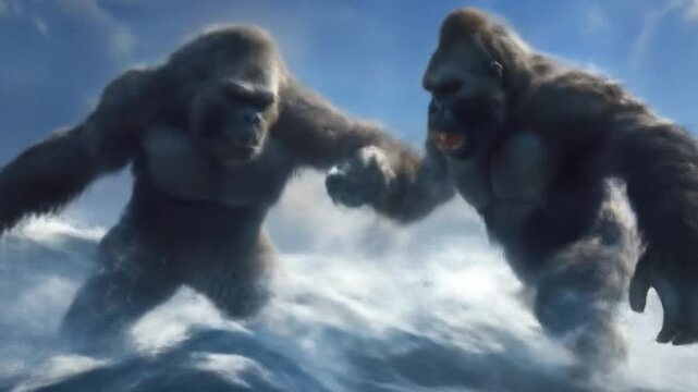 Two colossal gorillas clash amid foaming surf under a windy, steel-gray sky above roaring icy reefs