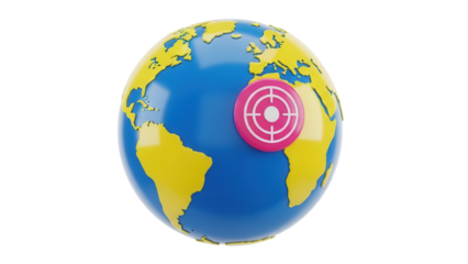 Globe with target isolated PNG on transparent background, world map with aim symbol for global business and marketing concepts