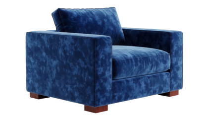 Stylish blue velvet armchair isolated PNG, modern living room furniture for interior design and home decor projects on transparent background