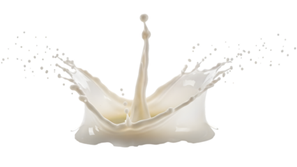 Dynamic splash of white liquid forming a crown shape with droplets flying off in all directions isolated on a transparent background