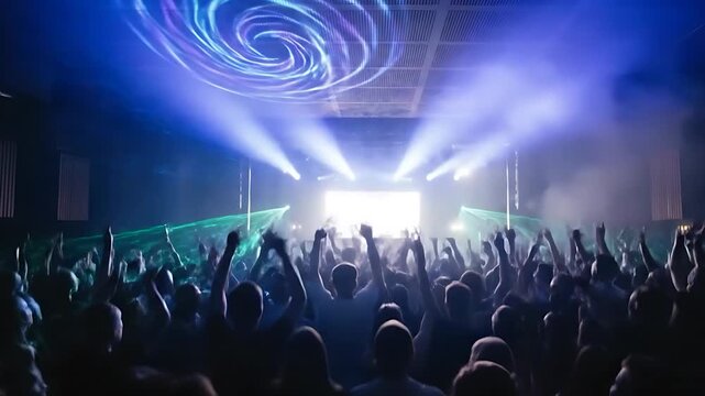 Energy of Nightclub Rave Party with Lasers and Crowd