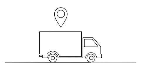 Continuous line art drawing of a delivery truck and location pin representing tracking Vector, illustration