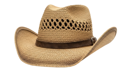 Straw cowboy hat isolated PNG on transparent background, tan woven sun hat with brown leather band for western fashion and summer wear