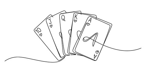 A continuous line drawing illustrating a royal flush playing card hand Vector, illustration