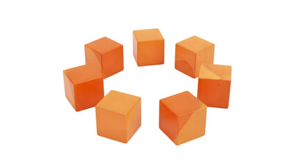 Fototapeta premium Eight orange cubes arranged in a circular pattern with one cube in the center isolated on a transparent background