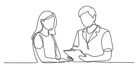 One continuous line drawing depicting a medical professional consulting a patient in a healthcare setting Vector, illustration