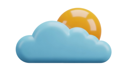 Weather icon PNG isolated on transparent background, blue cloud and yellow sun for forecast design and meteorology concepts