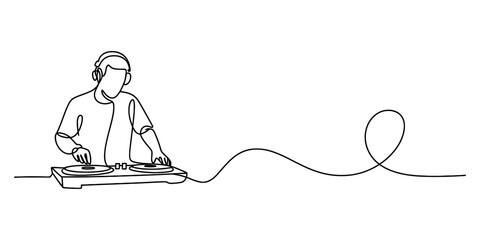 A continuous line art illustration showing a dj performing with turntables and headphones Vector, illustration