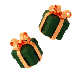 3d gift box pair two floating flying present ribbon bow green gold orange render isolated