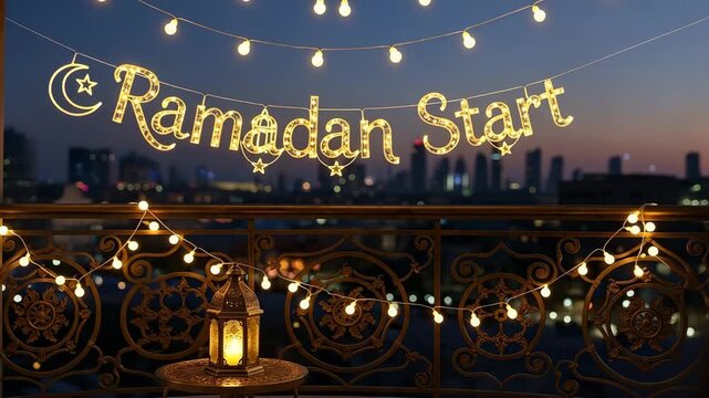 Ramadan start celebration with lantern and string lights on balcony