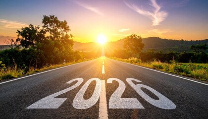 Road with 2026 start painted on it leading towards a bright sun on the horizon with trees and hills tree