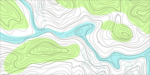 Topographic contour, line map with curvy wave isolines. Colored topographic landscape surface map, pattern. Concept of conditional geography scheme, terrain path. Editable stroke vector illustration