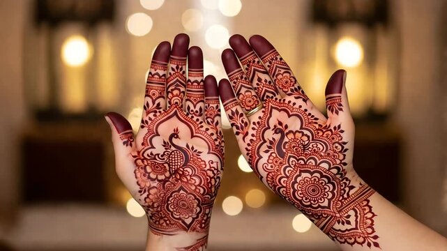 Intricately designed henna tattoos on woman's hands for wedding or cultural celebration