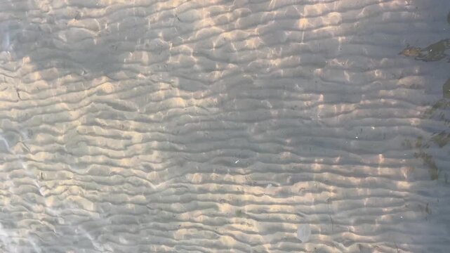Top down view of clear shallow water over rippled sandy sea bottom texture
