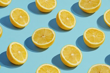 Fototapeta premium Repeating pattern of halved lemons with shadows on a light blue background