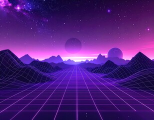 Futuristic digital landscape with grids, planets, and starry skies