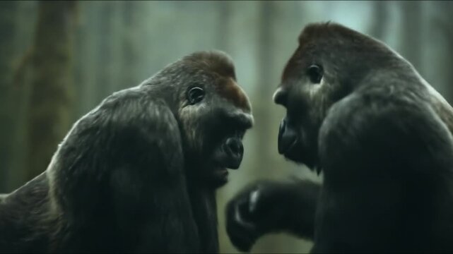 Two adult gorillas confront each other in a misty forest, tense gaze, primal power on stark, display