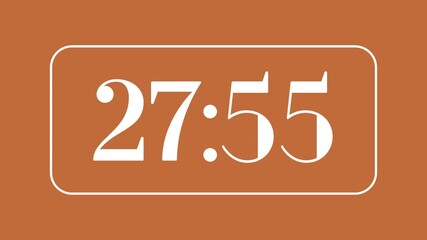 Countdown timer from 28 minute to 27 minute with retro style on brown background ideal for time management visuals, presentations, and modern retro digital concepts