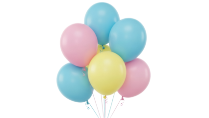 Pastel balloons PNG isolated on transparent background, bunch of light blue pink and yellow balloons for birthday party and celebration decor