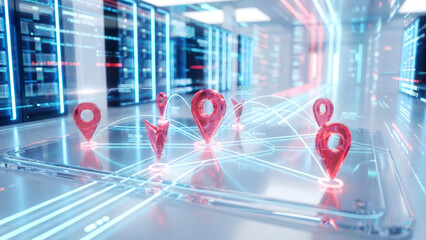 Global Logistics and Delivery Network on Digital Map Tablet in Data Center