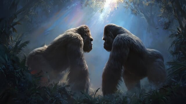 Two silverback gorillas face off in a moonlit jungle, beams piercing fog, tense, primal, awe-struck
