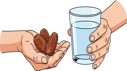 Hands holding almonds and a glass of water on black background