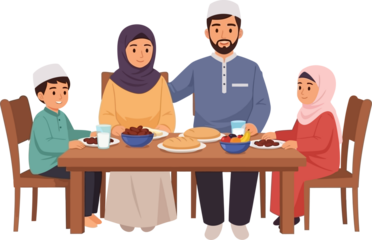 Muslim family enjoying iftar meal together at dinner table