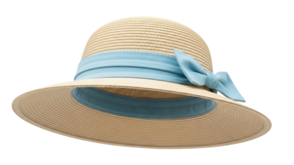Elegant straw sun hat with blue ribbon isolated PNG, stylish summer headwear for women on transparent background