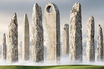 Stone monoliths pierce clouds over green hill in surreal landscape