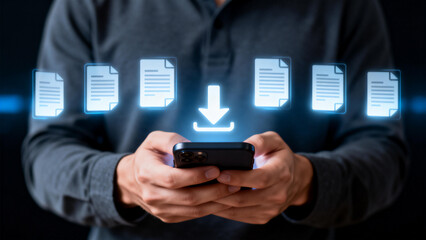 Person downloading digital documents on a smartphone with floating file icons and a download symbol
