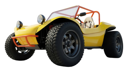 Yellow dune buggy PNG isolated on transparent background, off-road vehicle for recreation and adventure