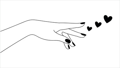 Hand with black painted nails releasing three black hearts white background line minimalistic