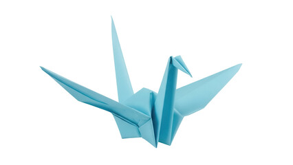 Light blue origami crane PNG isolated on transparent background, folded paper bird for peace, hope and handmade crafts