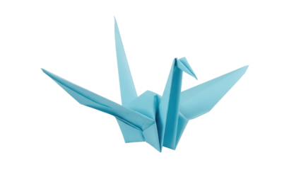 Light blue origami crane PNG isolated on transparent background, folded paper bird for peace, hope and handmade crafts